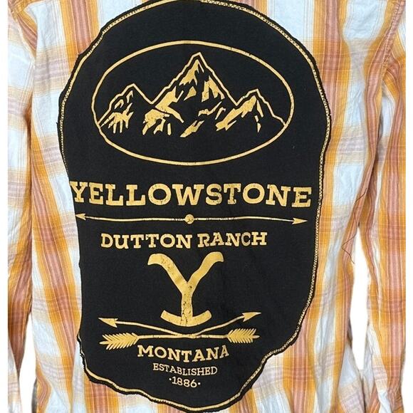 Yellowstone Dutton Ranch Plaid Western Shirt SMALL Oversize Upcycle Unique Gold - Picture 2 of 5